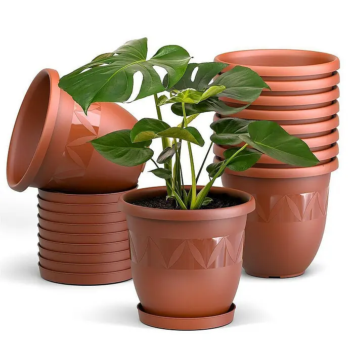 Plastard Pflanztopf Capri 10er Set mit Untersetzer in Terrakotta – Blumentopf - 10 Stk., Kunststoff, Terrakotta