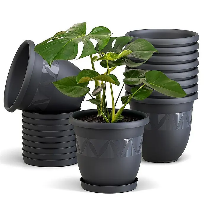 Plastard Pflanztopf Capri 10er Set mit Untersetzer in Anthrazit – Blumentopf - 10 Stk., Kunststoff, Anthrazit