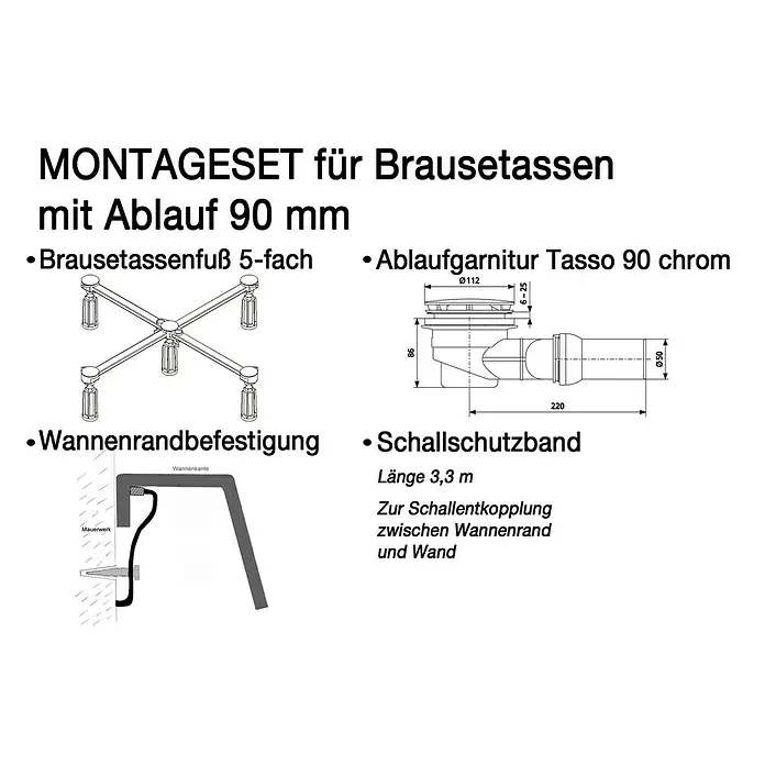 Ottofond Montage-Set - 4 -tlg., Geeignet für: Duschwannen mit Ablauf 90 mm - Montageset für Brausetassen mit Ablaufgarnitur, Brausetassenfuß, Wannenrandbefestigung und Schallschutzband. Komplettes Set für die Installation.