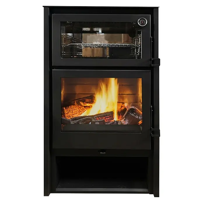 Invicta Estufa de leña Modena con Horno - 7,4 kW, Volumen de calefacción: 270 m³, Antracita - Estufa de leña lacada en negro con ventana de cristal, a través de la cual se puede ver bien el juego de llamas en el interior. Ideal para horas acogedoras.