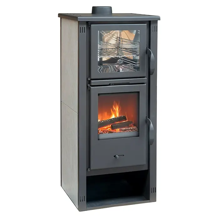 Invicta Estufa de leña Thalia Pella SG con horno - 5,4 kW, Volumen de calefacción: 210 m³, Antracita - Estufa de leña de dos pisos con horno integrado y fuego visible, ideal para calor y hornear.