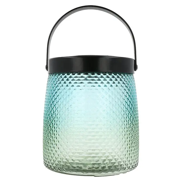 Hofer Solar-Dekoleuchte Liora - Durchmesser: 13 cm, Blau/Grün - Dekorative Glaslaterne mit Tragegriff und blau-grünem Farbverlauf für stimmungsvolle Beleuchtung im Innen- und Außenbereich.