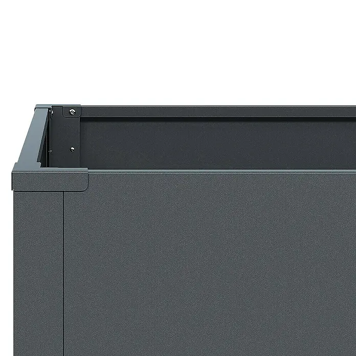 Weka Hochbeet Gary - 100 x 50 x 77 cm, Metall, Anthrazit - Nahaufnahme eines grauen Pflanzkastens mit metallischer Oberfläche und stabilen Eckverbindungen. Ideal für Garten oder Terrasse.