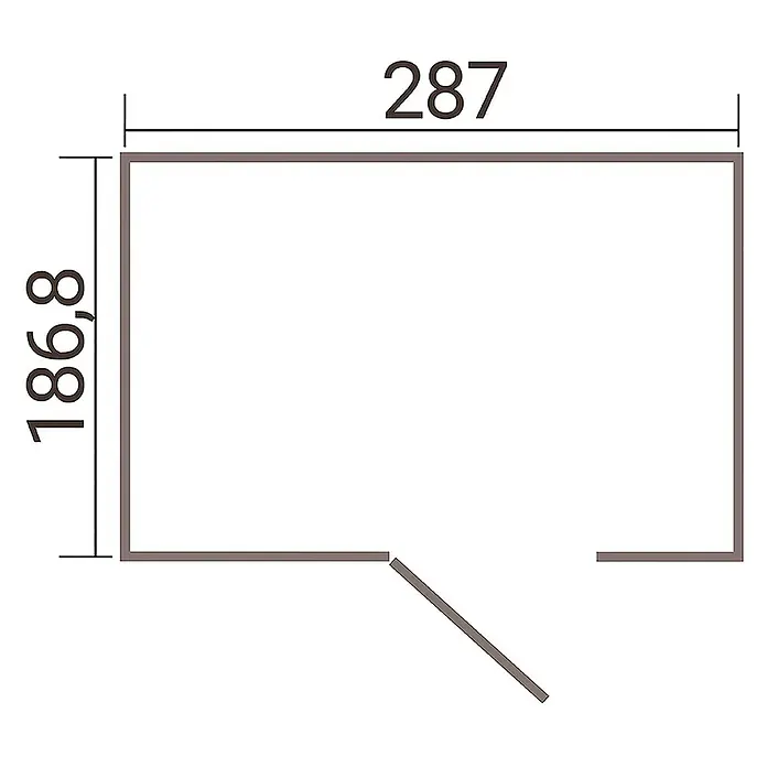 Weka Metallgerätehaus Gary 8 - Außenmaß inkl. Dachüberstand (B x T): 292 x 198 cm, Aluminium, Anthrazit RAL 7016 - Grundriss des Raumes mit den Maßen 287 x 186,8 mit einer Tür.