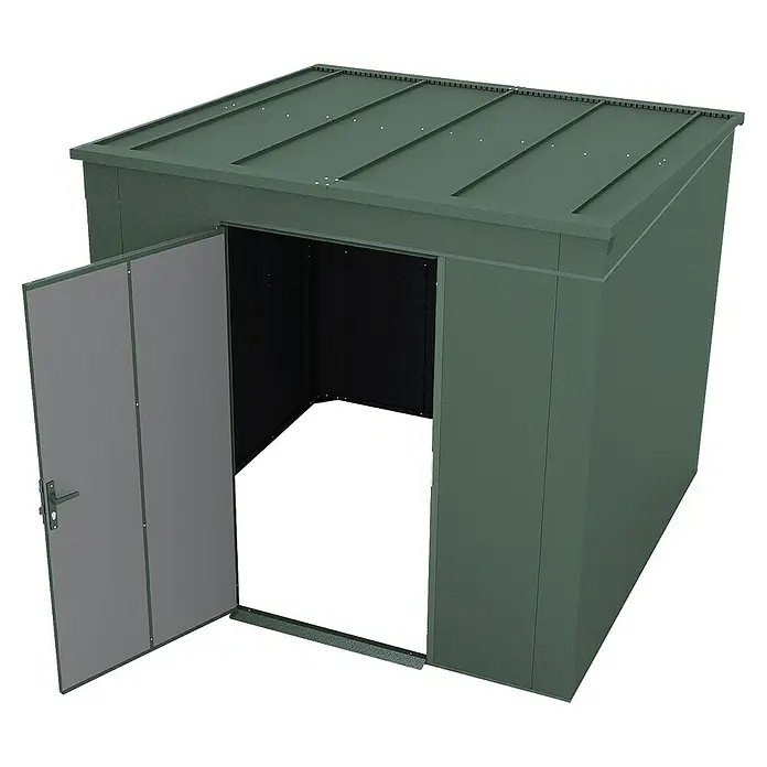 Weka Metallgerätehaus Gary 6 - Außenmaß inkl. Dachüberstand (B x T): 242,4 x 248,2 cm, Aluminium - Ein grüner Metallgeräteschuppen mit geöffneter Doppeltür, der einen Einblick in den dunklen Innenraum gewährt. Das Dach ist leicht geneigt.