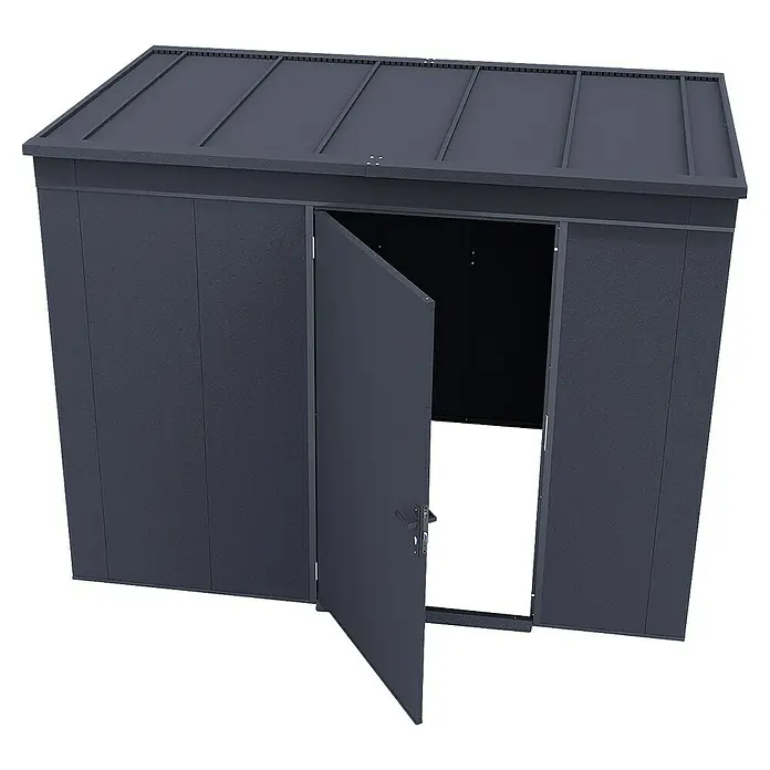 Weka Metallgerätehaus Gary 8 - Außenmaß inkl. Dachüberstand (B x T): 292 x 198 cm, Aluminium, Anthrazit RAL 7016 - Ein modernes, graues Gerätehaus mit geöffneter Doppeltür, ideal zur Aufbewahrung von Gartengeräten und Werkzeugen.