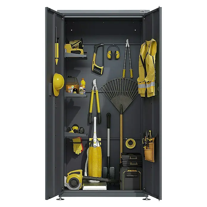 Weka Gartenschrank Gary 2 - L x B x H: 90 x 65 x 187 cm, Eisen, Anthrazit - Werkzeugschrank mit gelben Werkzeugen. Der Schrank ist grau und enthält eine Vielzahl an Werkzeugen und Zubehör.
