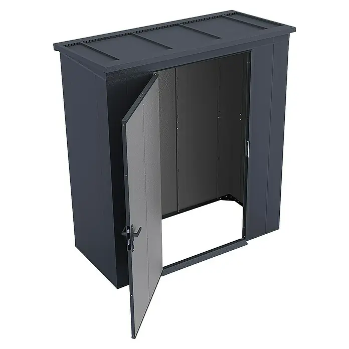 Weka Metallgerätehaus Gary 1 - Außenmaß inkl. Dachüberstand (B x T): 191,8 x 97,8 cm, Aluminium, Anthrazit RAL 7016 - Abbildung eines grauen Metall-Gartenschuppens mit geöffneter Tür, ideal zur Aufbewahrung von Gartengeräten und -möbeln.