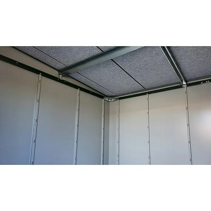 Weka Metallgerätehaus Gary 7 - Außenmaß inkl. Dachüberstand (B x T): 292 x 147,6 cm, Aluminium, Anthrazit RAL 7016 - Innenansicht eines modernen Gartenhauses mit Paneelwänden und schallabsorbierender Decke für mehr Komfort und Funktionalität.