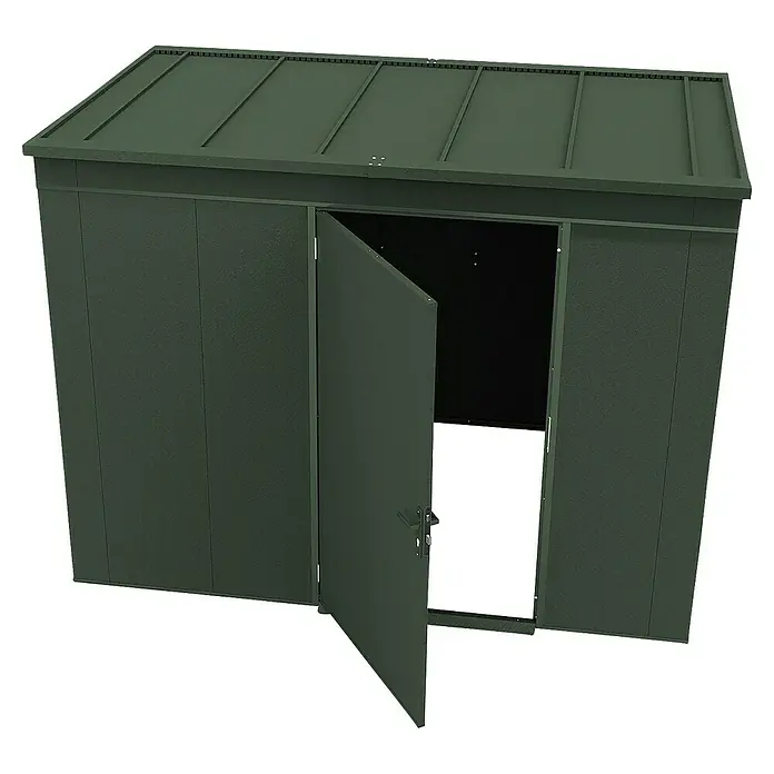 Weka Metallgerätehaus Gary 8 - Außenmaß inkl. Dachüberstand (B x T): 292 x 198 cm, Aluminium, Grün - Abgebildeter grüner Geräteschuppen mit Doppeltür, eine davon offen, für Gartenutensilien und Werkzeuge.