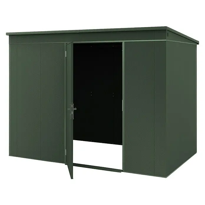 Weka Metallgerätehaus Gary 8 - Außenmaß inkl. Dachüberstand (B x T): 292 x 198 cm, Aluminium, Grün - Ein grünes Metall-Gartengerätehaus mit geöffneter Tür, ideal für die Aufbewahrung von Gartengeräten und Werkzeugen.