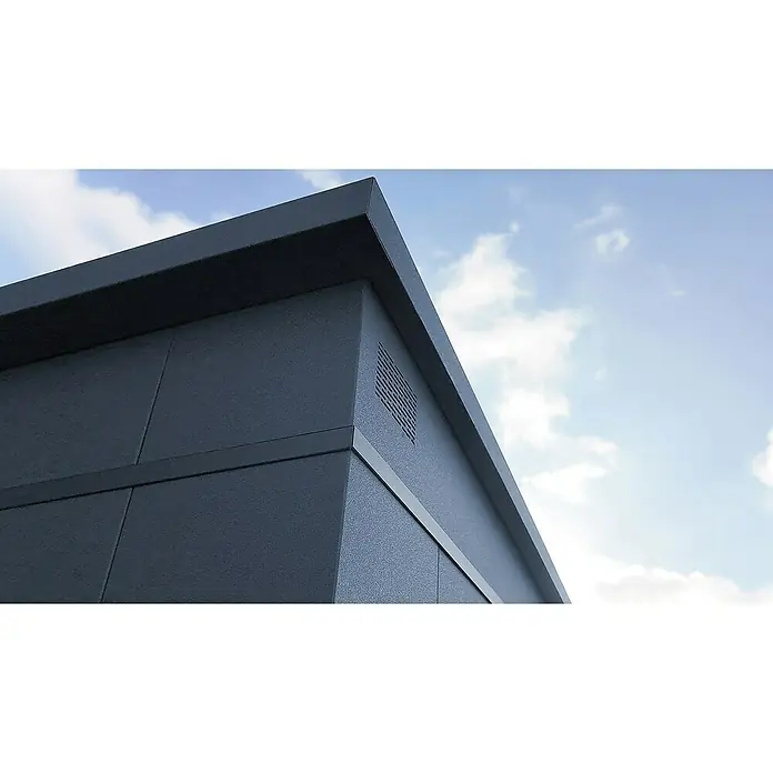 Weka Metallgerätehaus Gary 7 - Außenmaß inkl. Dachüberstand (B x T): 292 x 147,6 cm, Aluminium, Anthrazit RAL 7016 - Nahaufnahme einer Fassade mit quadratischen Platten und einem Lüftungsgitter unter einem blauen Himmel, ideal für moderne Architektur.