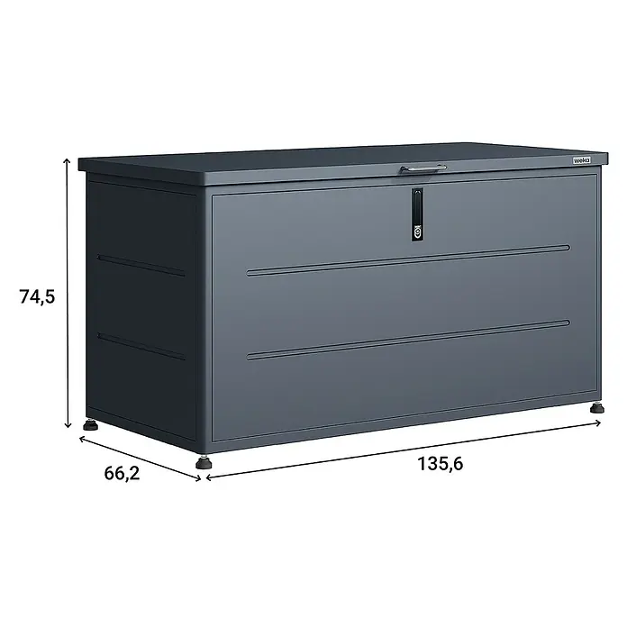 Weka Garten-Aufbewahrungsbox Gary 460 - L x B x H: 135,6 x 66 x 74,5 cm, Anthrazit, Metall - Abbildung einer grauen WEKA Gerätebox mit Maßangaben (74,5 Höhe, 66,2 Tiefe, 135,6 Breite) für den Außenbereich.