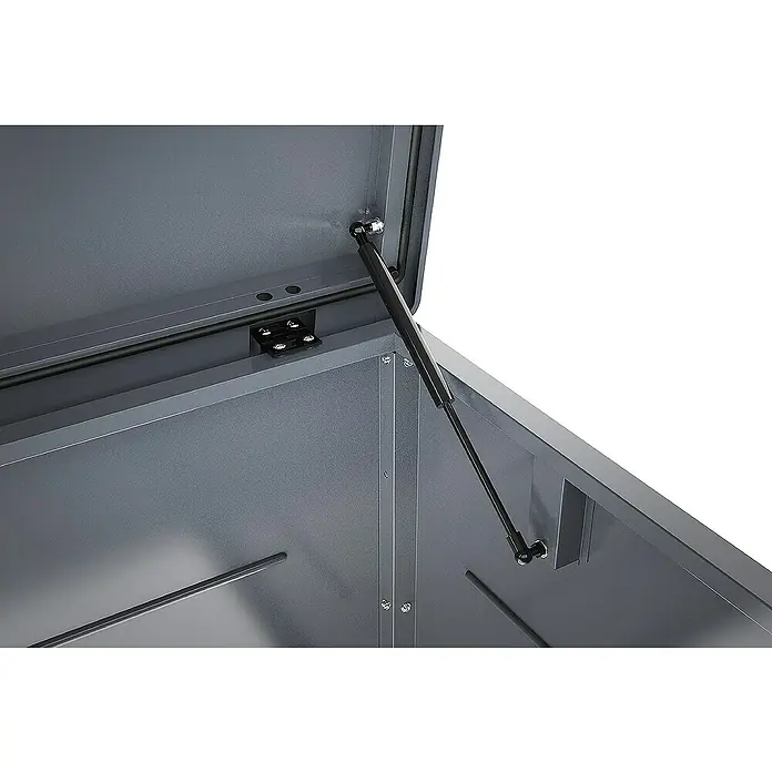 Weka Garten-Aufbewahrungsbox Gary 700 - L x B x H: 180 x 70 x 79 cm, Metall, Anthrazit - Detailaufnahme einer Gartenbox mit Gasdruckfeder, die das Öffnen und Schließen des Deckels erleichtert. Robuste Konstruktion und praktische Funktion.