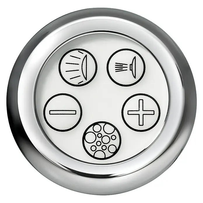 Ottofond Whirlpool Cebu 1 B - Linksseitig, 170 x 100 cm, Sanitäracryl, Weiß - Nahaufnahme eines runden, silbernen Bedienfelds mit fünf Symbolen für verschiedene Funktionen, möglicherweise für ein Gerät.
