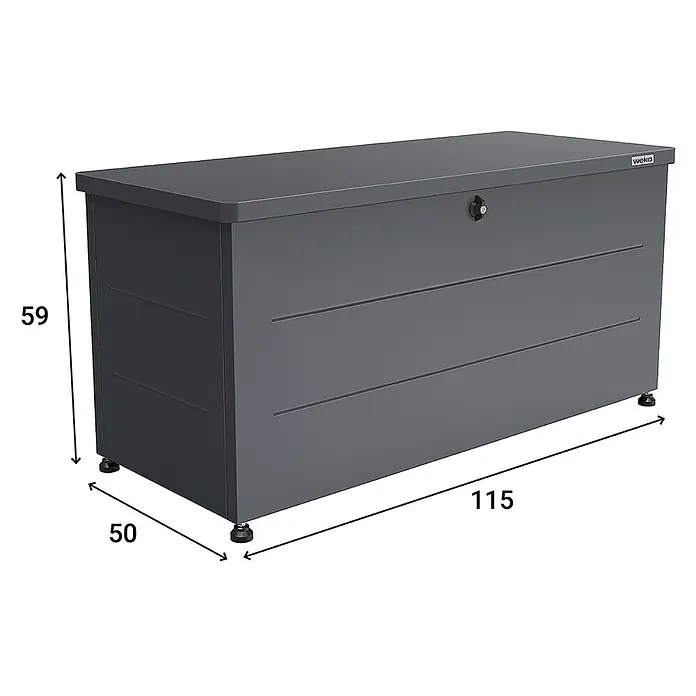 Weka Garten-Aufbewahrungsbox Gary 220 - L x B x H: 115 x 50 x 59 cm, Eisen, Anthrazit - Abbildung einer anthrazitfarbenen Weka Gartenbox mit den Maßen 59x50x115 cm. Die Box hat ein schlichtes Design und ist ideal für den Außenbereich.