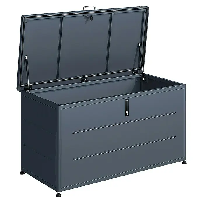 Weka Garten-Aufbewahrungsbox Gary 460 - L x B x H: 135,6 x 66 x 74,5 cm, Anthrazit, Metall - Geräumige, graue Gartenbox mit geöffnetem Deckel, ideal zur Aufbewahrung von Gartenutensilien und Outdoor-Zubehör. Praktisch und stilvoll.