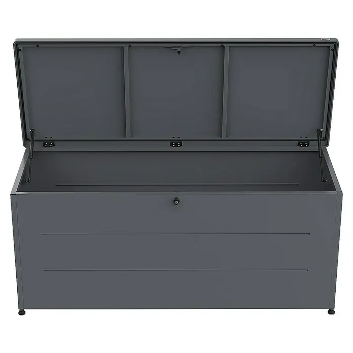 Weka Garten-Aufbewahrungsbox Gary 700 - L x B x H: 180 x 70 x 79 cm, Metall, Anthrazit - Geöffnete, graue Gartenbox zur Aufbewahrung von Outdoor-Zubehör. Das robuste Design bietet viel Stauraum für Gartenwerkzeuge.
