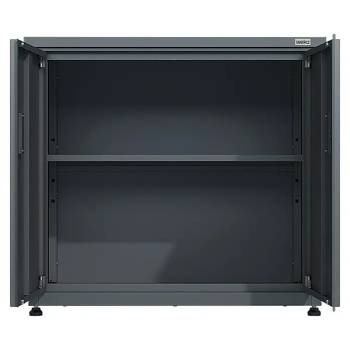Weka Gartenschrank Gary 1 - L x B x H: 90 x 62 x 85,5 cm, Eisen, Anthrazit - Ein grauer Weka-Metallschrank mit zwei offenen Türen und einem Regal, ideal für Werkstatt oder Garage.