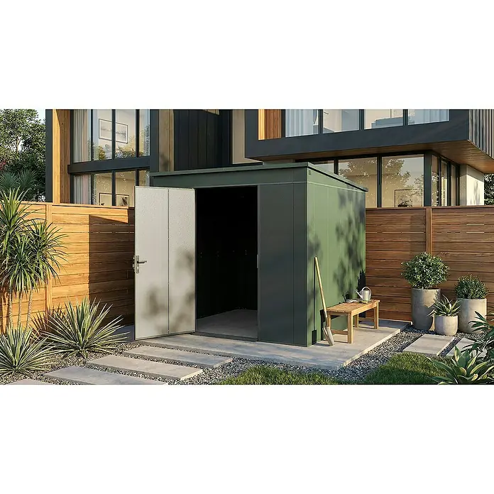 Weka Metallgerätehaus Gary 6 - Außenmaß inkl. Dachüberstand (B x T): 242,4 x 248,2 cm, Aluminium - Geräumiger, grüner Gartenschuppen mit offener Tür, ideal zur Aufbewahrung von Gartengeräten und -möbeln.