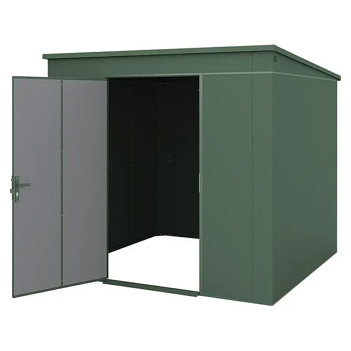 Weka Metallgerätehaus Gary 6 - Außenmaß inkl. Dachüberstand (B x T): 242,4 x 248,2 cm, Aluminium - Ein grünes Metallgartenhaus mit offener Tür, ideal zur Aufbewahrung von Gartengeräten und Werkzeugen. Praktisch und robust.