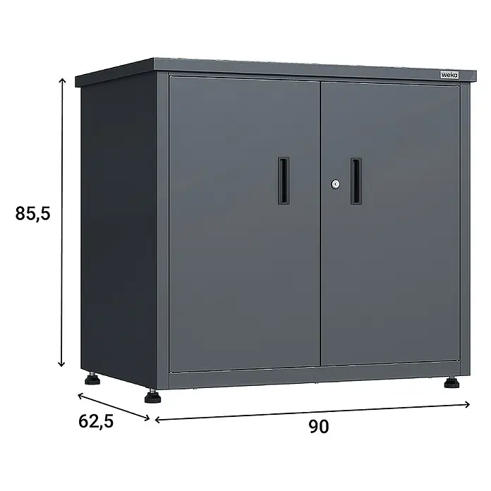 Weka Gartenschrank Gary 1 - L x B x H: 90 x 62 x 85,5 cm, Eisen, Anthrazit - Metallschrank mit zwei Türen, grauer Farbe, mit den Maßen 85,5 x 62,5 x 90 cm.