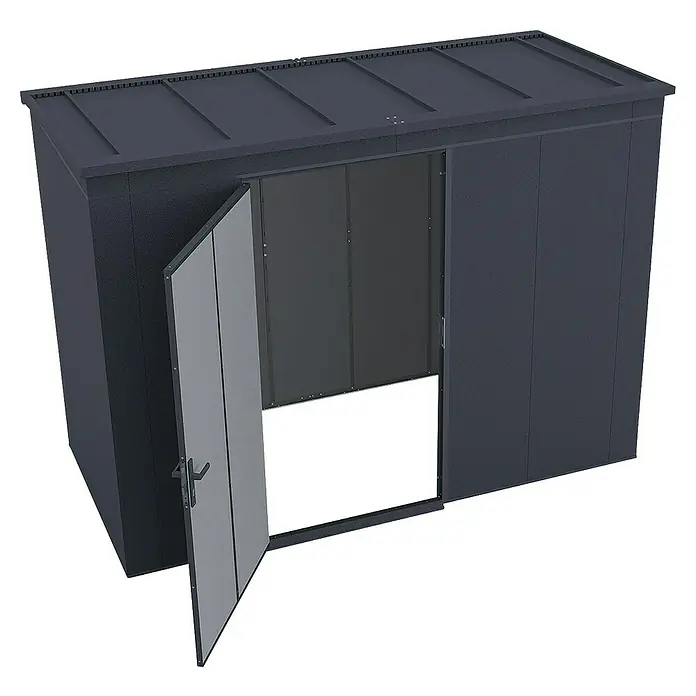Weka Metallgerätehaus Gary 7 - Außenmaß inkl. Dachüberstand (B x T): 292 x 147,6 cm, Aluminium, Anthrazit RAL 7016 - Abbildung eines Metall-Geräteschuppens mit geöffneter Tür, der Stauraum bietet und wetterfest ist. Ideal für Gartenwerkzeug.