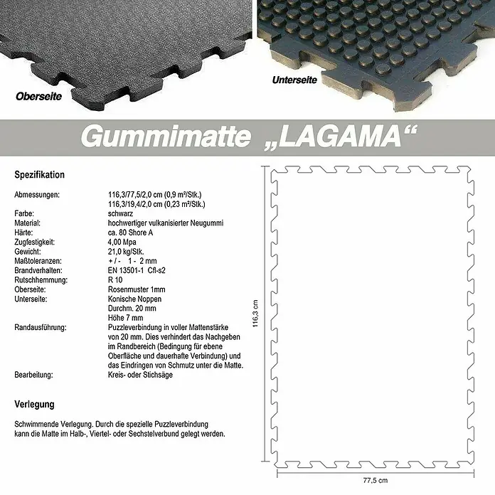 Floordirekt Läufer Puzzlev Lagama - 120 x 80 cm, Schwarz - Abbildung einer schwarzen Gummimatte „LAGAMA“ mit Puzzleverbindung und den technischen Spezifikationen wie Maße und Materialeigenschaften.
