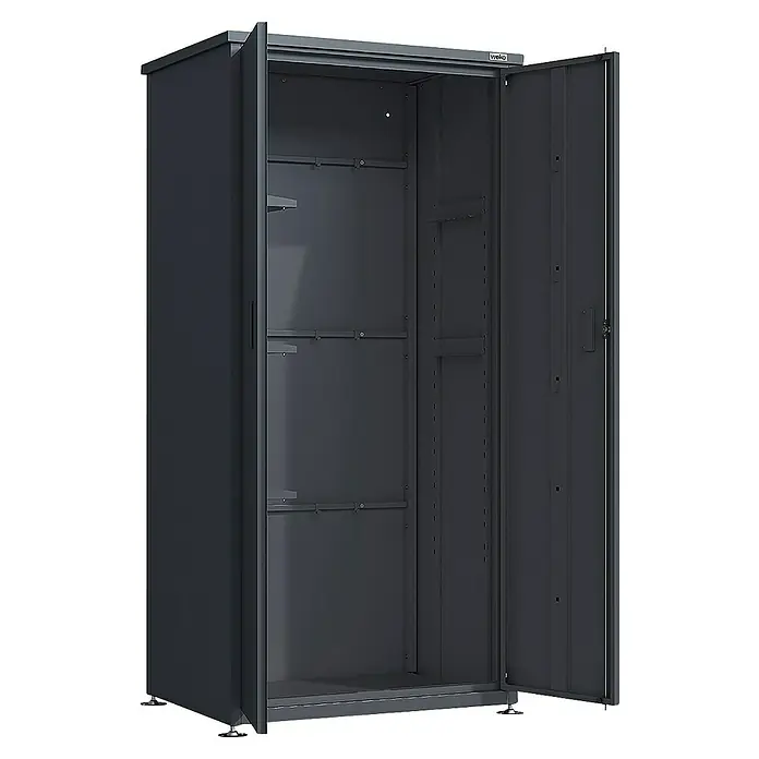 Weka Gartenschrank Gary 2 - L x B x H: 90 x 65 x 187 cm, Eisen, Anthrazit - Grauer Serverschrank mit offenen Türen, der einen Blick auf die Regale und die Innenaufteilung des Schranks freigibt.