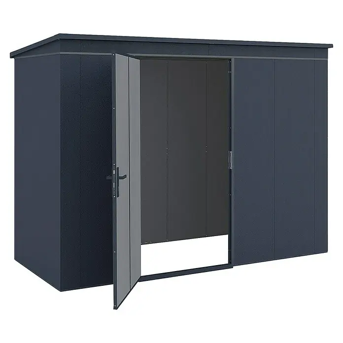 Weka Metallgerätehaus Gary 7 - Außenmaß inkl. Dachüberstand (B x T): 292 x 147,6 cm, Aluminium, Anthrazit RAL 7016 - Metall Gerätehaus mit geöffneten Doppeltüren, ideal für die Aufbewahrung von Gartengeräten und Werkzeugen. Praktisch und langlebig.