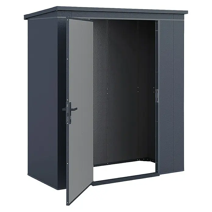 Weka Metallgerätehaus Gary 1 - Außenmaß inkl. Dachüberstand (B x T): 191,8 x 97,8 cm, Aluminium, Anthrazit RAL 7016 - Geöffneter Metall-Gartenschrank in Anthrazit, ideal zur Aufbewahrung von Gartengeräten. Robustes Design für den Außenbereich.
