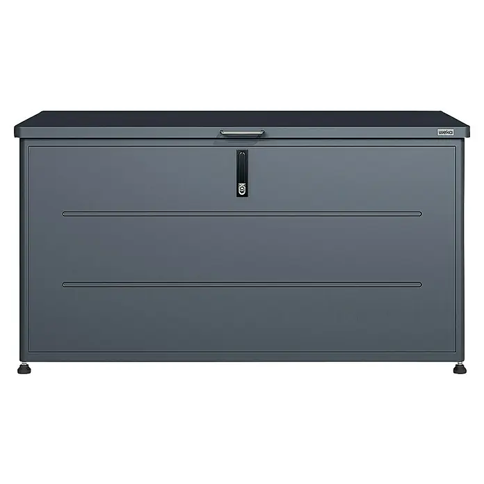 Weka Garten-Aufbewahrungsbox Gary 460 - L x B x H: 135,6 x 66 x 74,5 cm, Anthrazit, Metall - Eine graue WEKA-Gerätebox mit Griff und Schloss, ideal für die Aufbewahrung im Außenbereich und zur ordentlichen Aufbewahrung von Gartengeräten.