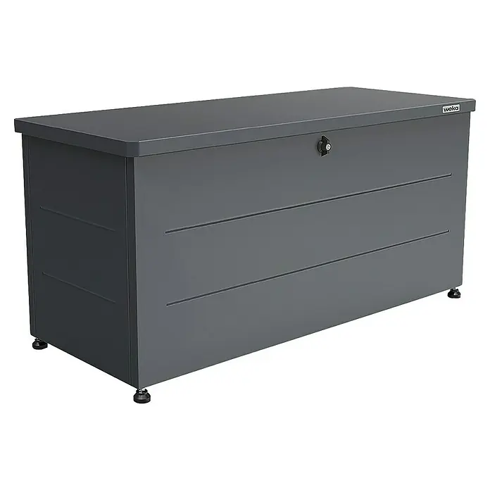 Weka Garten-Aufbewahrungsbox Gary 220 - L x B x H: 115 x 50 x 59 cm, Eisen, Anthrazit - Abbildung einer grauen Weka-Gartenbox, ideal zur Aufbewahrung von Gartengeräten und -möbeln. Sie ist wetterfest und abschließbar für zusätzliche Sicherheit.