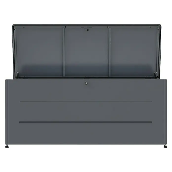 Weka Garten-Aufbewahrungsbox Gary 700 - L x B x H: 180 x 70 x 79 cm, Metall, Anthrazit - Eine graue Keter Aufbewahrungsbox mit offenem Deckel ist auf dem Bild zu sehen. Die Box verfügt über ein geradliniges Design mit horizontalen Akzenten.