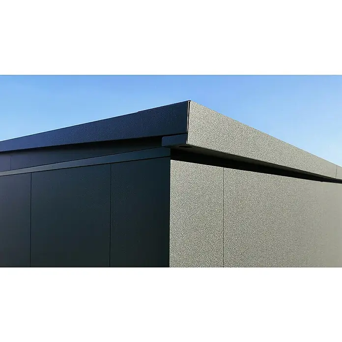 Weka Metallgerätehaus Gary 1 - Außenmaß inkl. Dachüberstand (B x T): 191,8 x 97,8 cm, Aluminium, Anthrazit RAL 7016 - Nahaufnahme einer modernen, anthrazitfarbenen Gerätehaus-Konstruktion mit klaren Linien und einer robusten Bauweise, die Stabilität verspricht.