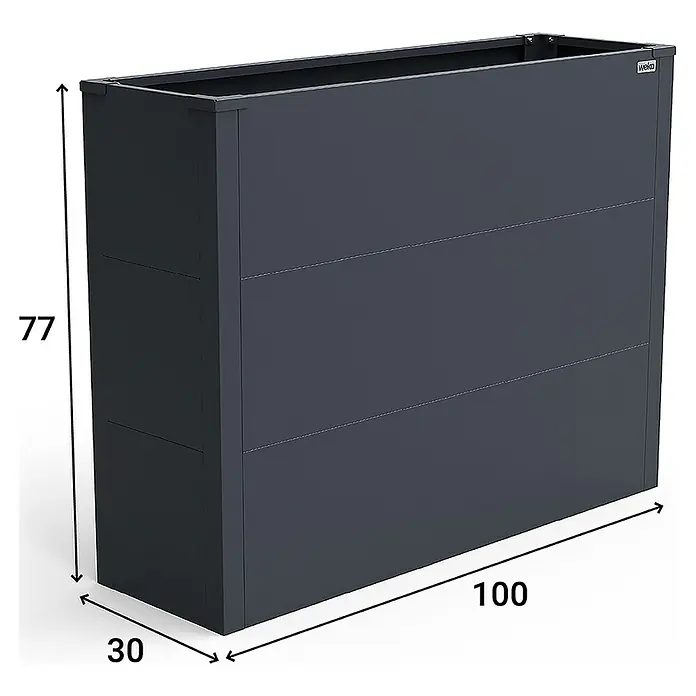 Weka Hochbeet Gary - 100 x 30 x 77 cm, Metall, Anthrazit - Abbildung eines rechteckigen, anthrazitfarbenen Pflanzgefäßes mit den Maßen 77x100x30 cm.