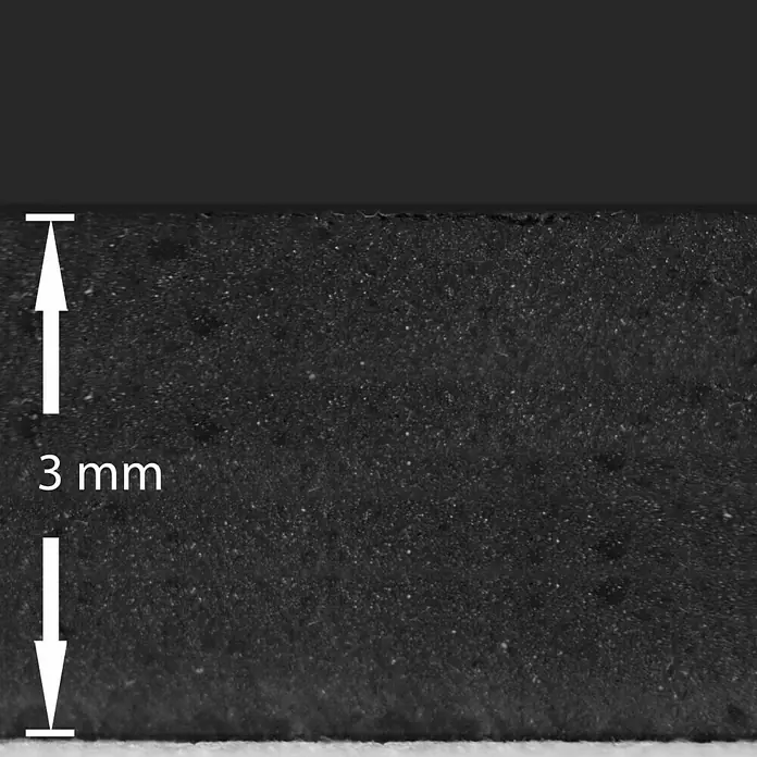 Floordirekt Schutzmatte - 350 x 120 x 0,3 cm, Schwarz - Nahaufnahme einer schwarzen Schaumstoffplatte mit einer Dicke von 3 mm, dargestellt durch einen weißen Pfeil und Text.