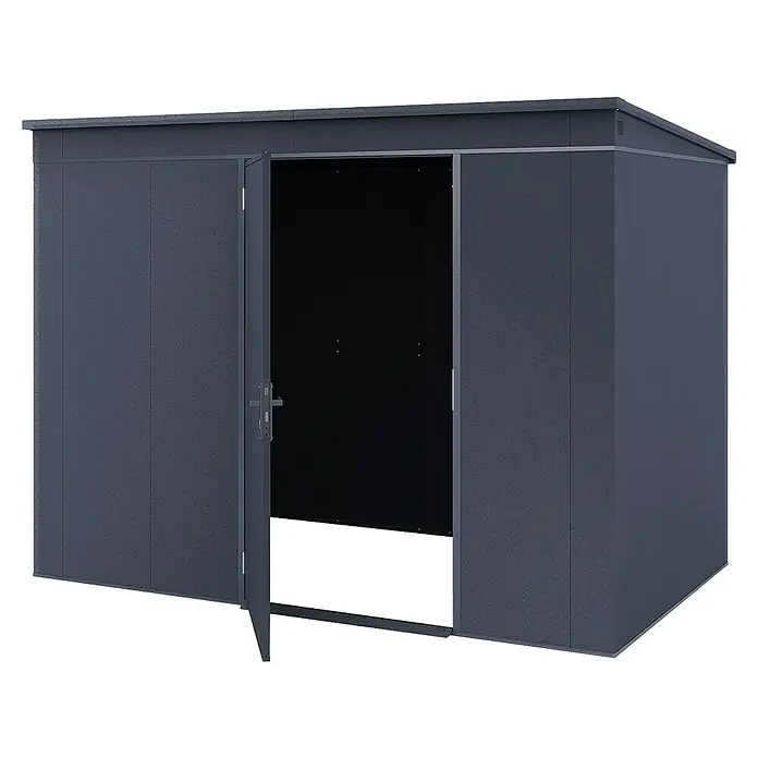 Weka Metallgerätehaus Gary 8 - Außenmaß inkl. Dachüberstand (B x T): 292 x 198 cm, Aluminium, Anthrazit RAL 7016 - Geräumiger, anthrazitfarbener Geräteschuppen mit geöffneter Tür und sichtbarem Innenraum zur Aufbewahrung von Gartengeräten und Werkzeugen.
