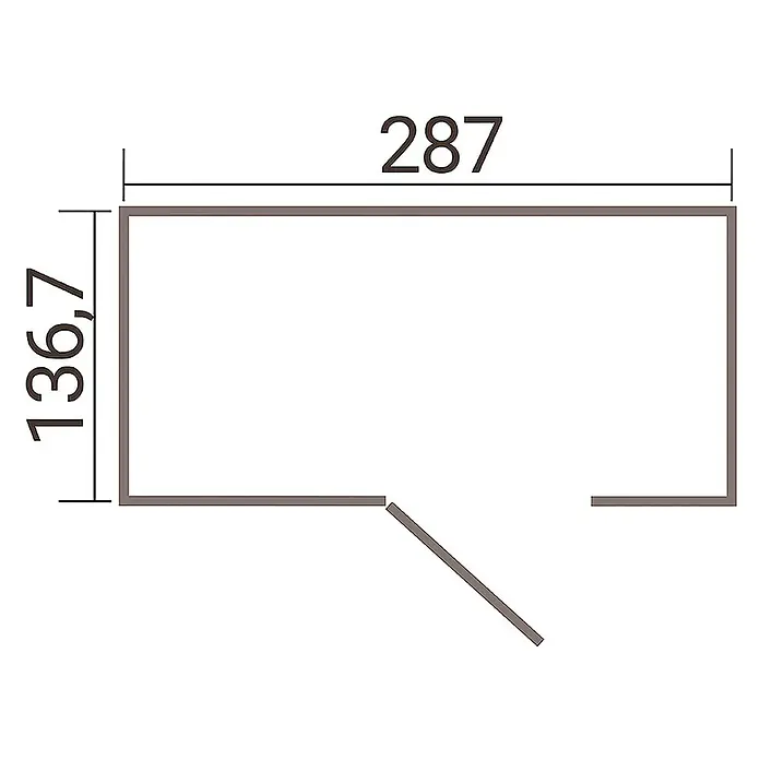 Weka Metallgerätehaus Gary 7 - Außenmaß inkl. Dachüberstand (B x T): 292 x 147,6 cm, Aluminium, Anthrazit RAL 7016 - Grundrisszeichnung eines Raumes mit den Maßen 287 x 136,7 und einer schrägen Türöffnung.