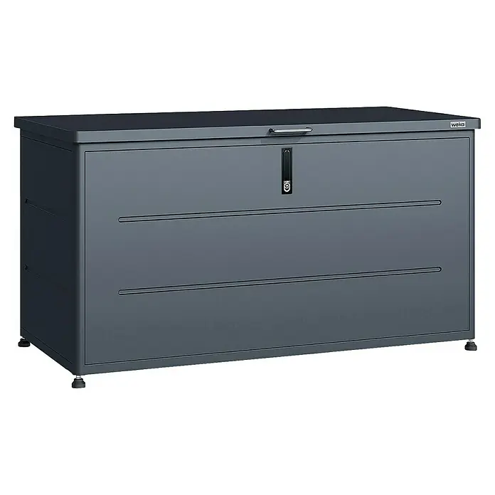 Weka Garten-Aufbewahrungsbox Gary 460 - L x B x H: 135,6 x 66 x 74,5 cm, Anthrazit, Metall - Abbildung einer grauen WEKA Aufbewahrungsbox mit Griff, Schloss und horizontalen Linien.