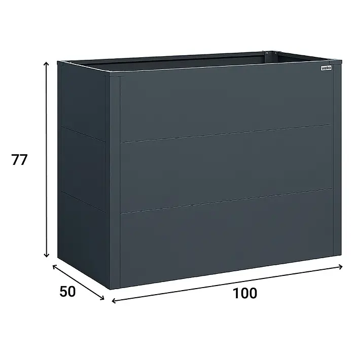 Weka Hochbeet Gary - 100 x 50 x 77 cm, Metall, Anthrazit - Abbildung eines anthrazitfarbenen, rechteckigen Blumenkastens mit den Maßen 100x50x77 cm zur Dekoration im Außenbereich.