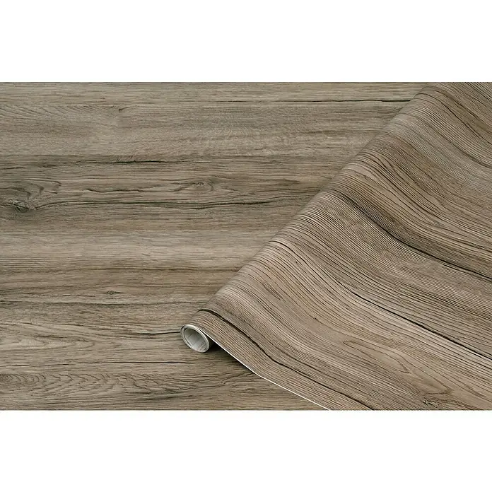 D-c-fix Holzoptikfolie Sanremo Eiche - 200 x 67,5 cm, Sepia, Selbstklebend - Nahaufnahme einer Rolle selbstklebender Holzfolie, die eine realistische Holzoptik für Möbel oder Oberflächen bietet.