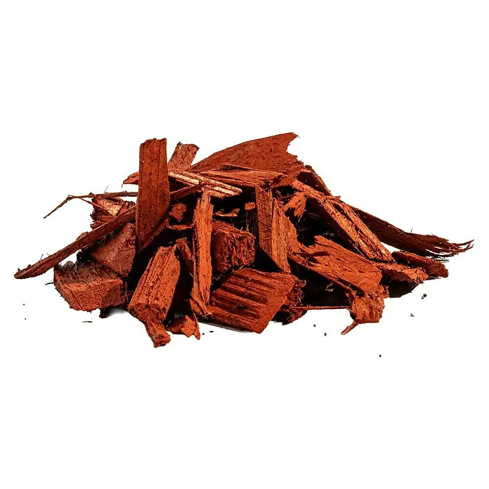 Gardol Dekormulch - 50 l, Rot - Nahaufnahme von roter Holzrinde, ideal für die Gartengestaltung, bietet Schutz und eine natürliche Optik. Perfekt für Beetabdeckungen.