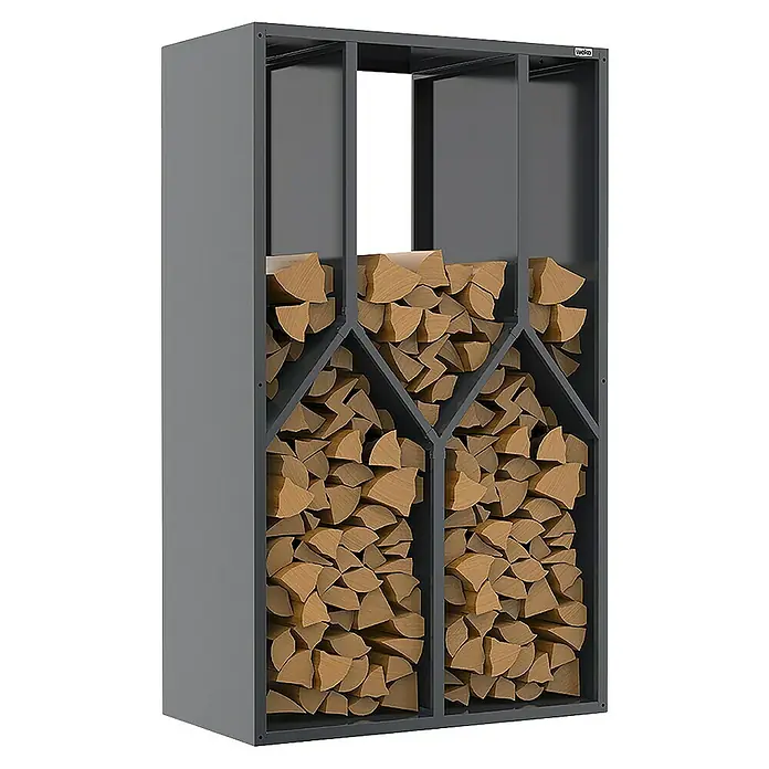 Weka Brennholzregal Gary - B x T x H: 95 x 50 x 160 cm, Metall, Anthrazit RAL 7016 - Holzregal in Grau mit Holzscheiten gefüllt. Ideal zur Aufbewahrung und Lagerung von Brennholz für den Kamin oder Ofen.