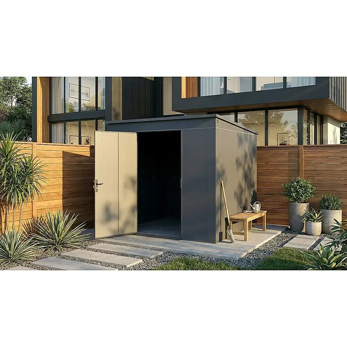Weka Metallgerätehaus Gary 6 - Außenmaß inkl. Dachüberstand (B x T): 242,4 x 248,2 cm, Aluminium, Anthrazit RAL 7016 - Der moderne Geräteschuppen aus Metall mit geöffneter Tür steht in einem gepflegten Garten. Praktische und stilvolle Aufbewahrungslösung.