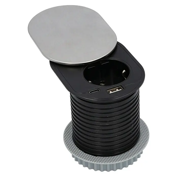 UniTEC Tischsteckdose USB-A, USB-C - Schwarz/Silber, 12,3 x 10 x 14,5 cm - Abgebildete versenkbare Steckdose mit USB-Anschlüssen und Abdeckung für Tische und Arbeitsplatten.