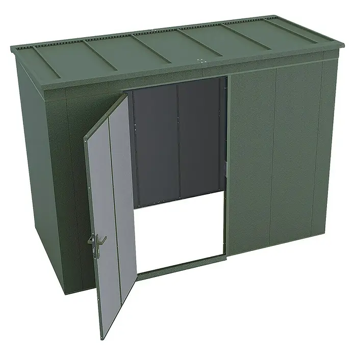 Weka Metallgerätehaus Gary 7 - Außenmaß inkl. Dachüberstand (B x T): 292 x 147,6 cm, Aluminium - Ein grüner Gartenschuppen mit geöffneter Tür, ideal zur Aufbewahrung von Gartengeräten und -möbeln. Robuste Bauweise für den Außenbereich.