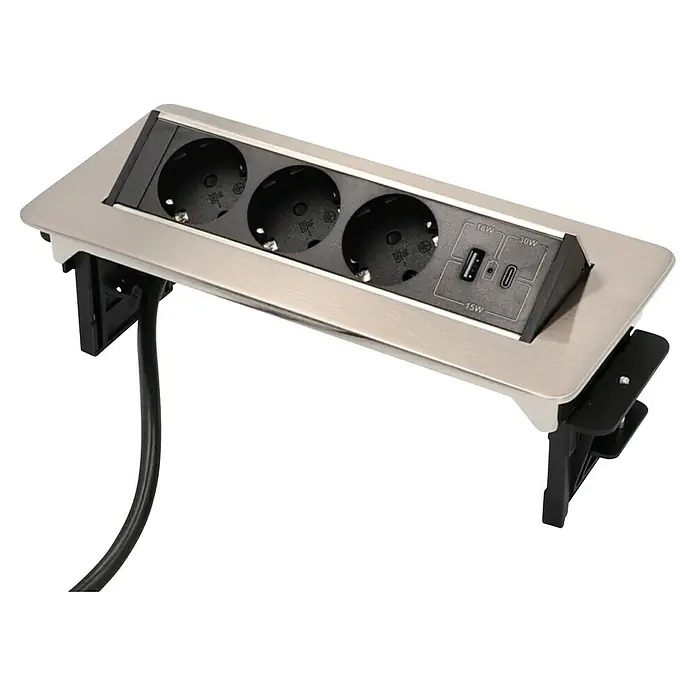 UniTEC Tischsteckdose USB-A, USB-C - Versenkbar, Silber, 40 x 13 x 12,3 cm - Einbausteckdose mit drei Schuko-Steckdosen, USB-A- und USB-C-Anschlüssen für Tischmontage, ideal für Büro oder Homeoffice.
