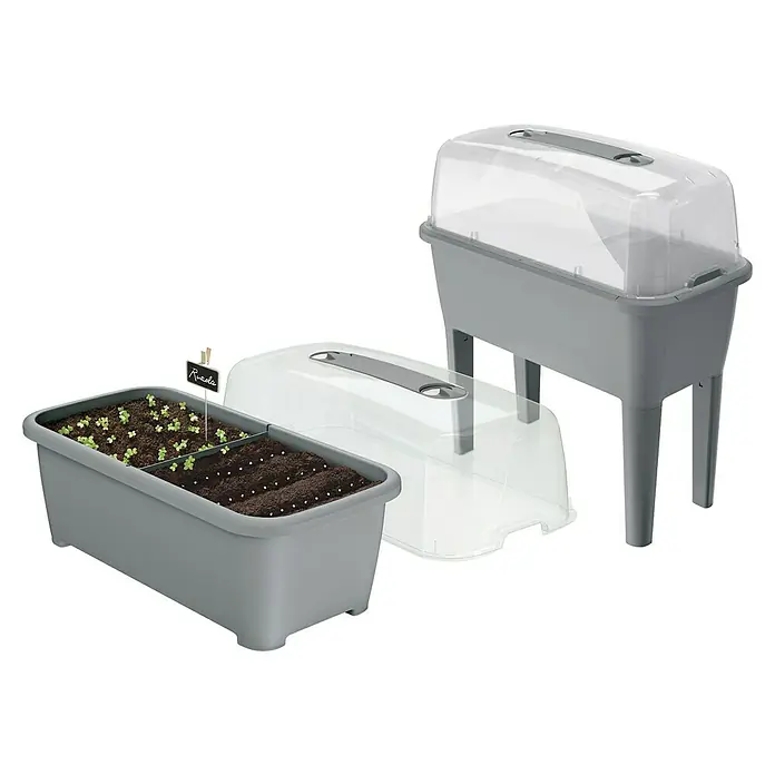Hochbeet Respana Planter Set - Steingrau, 77 x 58 x 96,3 cm, Kunststoff - Abgebildet sind Hochbeete, davon eines mit Aufsatz und eines mit bereits angepflanzter Rucola und Saatgut.