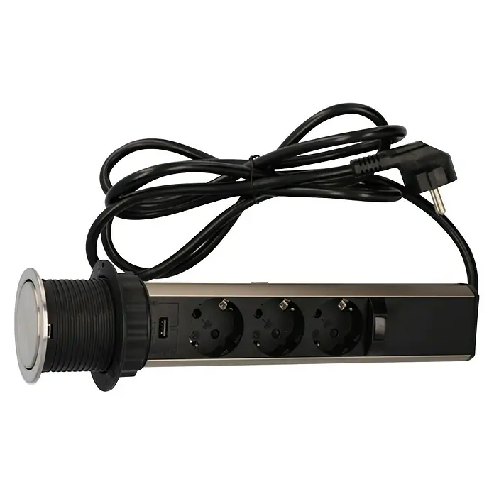 UniTEC Tischsteckdose USB-A, USB-C - Versenkbar, Silber/Schwarz, 10,2 x 11 x 40 cm - Ein versenkbarer Steckerleiste mit drei Steckdosen, USB-Anschluss und einem Netzkabel. Ideal für Büro und Küche.